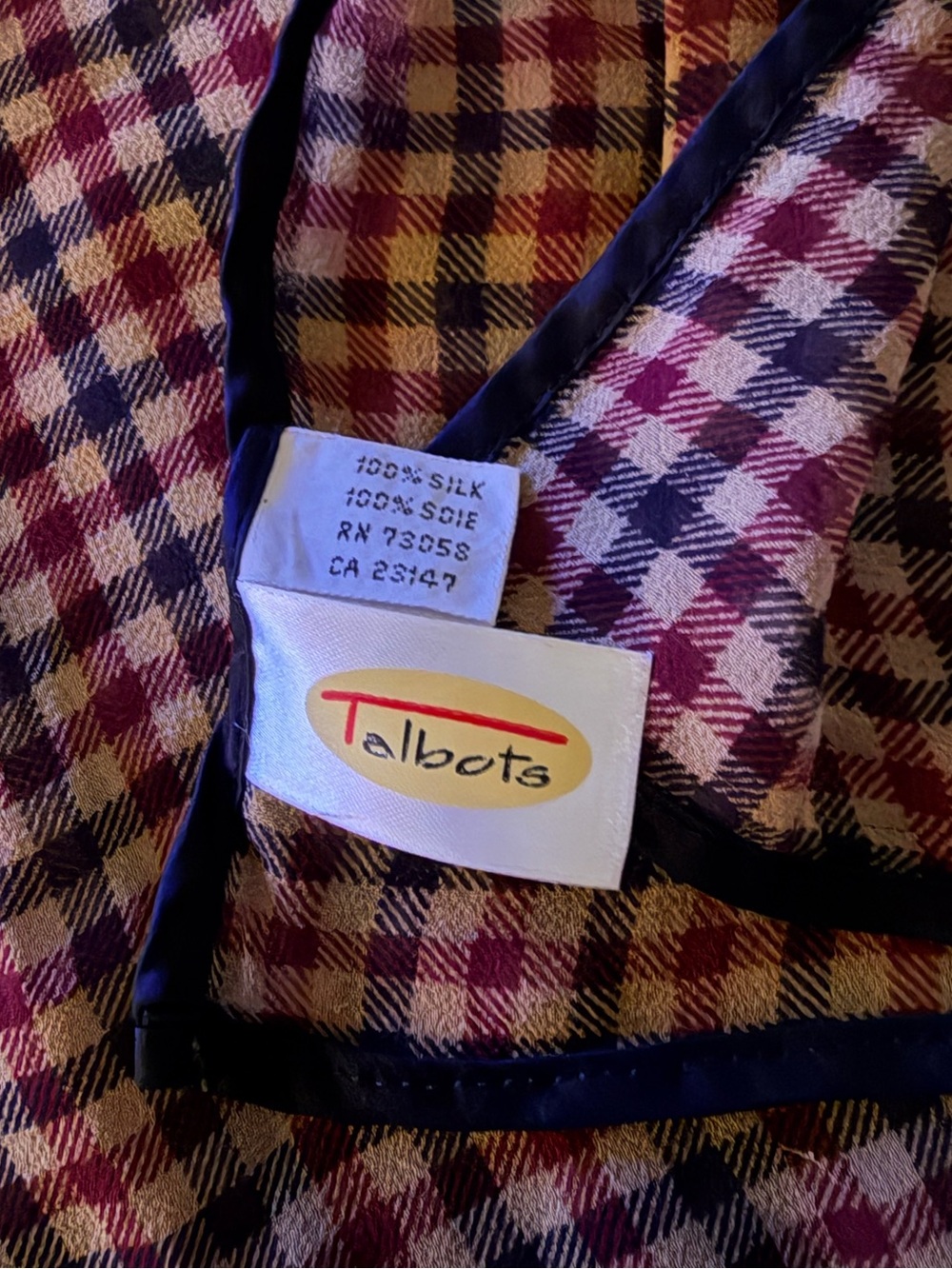 Talbots Silk Plaid Scarf in Burgundy, Navy and Cream